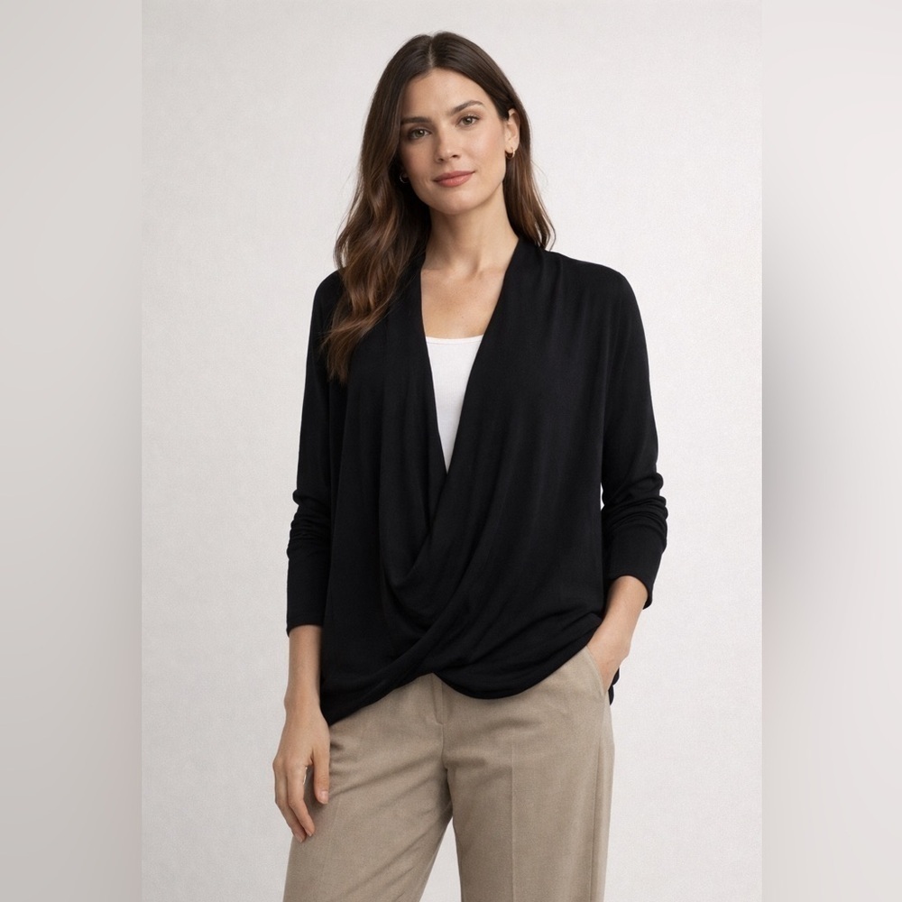 H by Halston Black Long Sleeve Draped Crossover Open Front Cardigan Womens XS